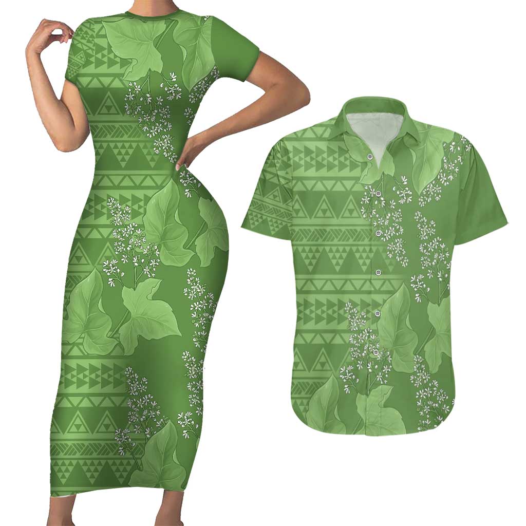 Hawaii Molokai Island Kukui Nut Flowers Couples Matching Short Sleeve Bodycon Dress and Hawaiian Shirt Tribal Kakau Pattern