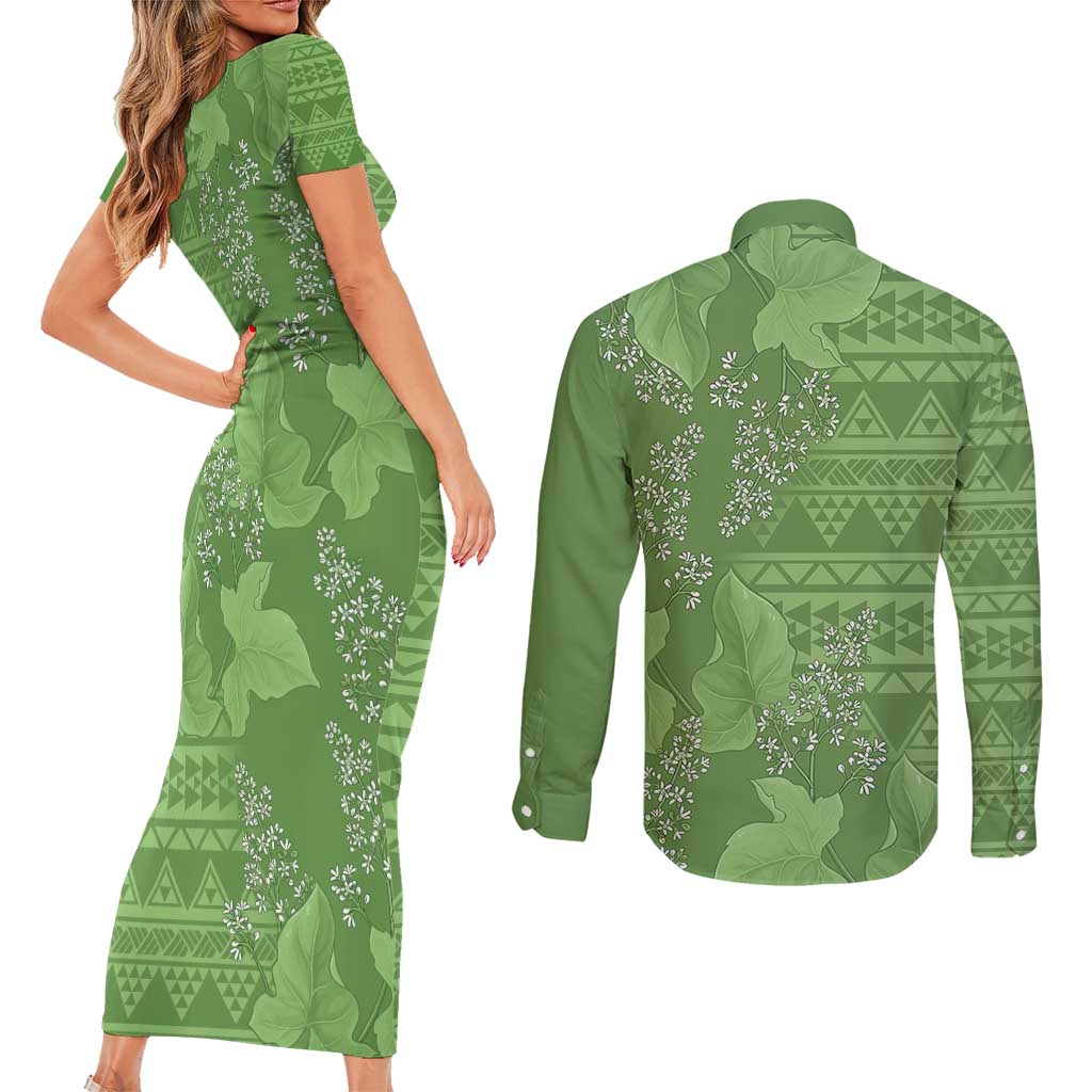 Hawaii Molokai Island Kukui Nut Flowers Couples Matching Short Sleeve Bodycon Dress and Long Sleeve Button Shirt Tribal Kakau Pattern
