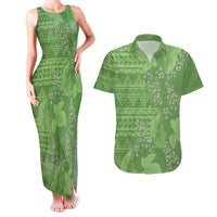 Hawaii Molokai Island Kukui Nut Flowers Couples Matching Tank Maxi Dress and Hawaiian Shirt Tribal Kakau Pattern