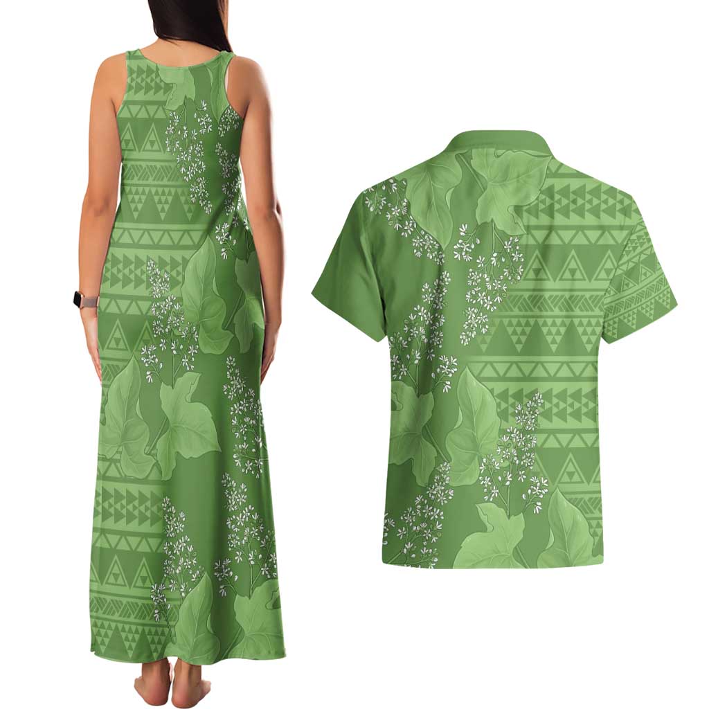 Hawaii Molokai Island Kukui Nut Flowers Couples Matching Tank Maxi Dress and Hawaiian Shirt Tribal Kakau Pattern