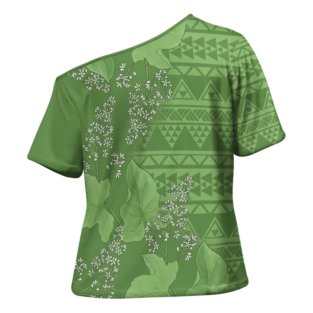 Hawaii Molokai Island Kukui Nut Flowers Cross Shoulder Shirt Tribal Kakau Pattern - Polynesian Pride