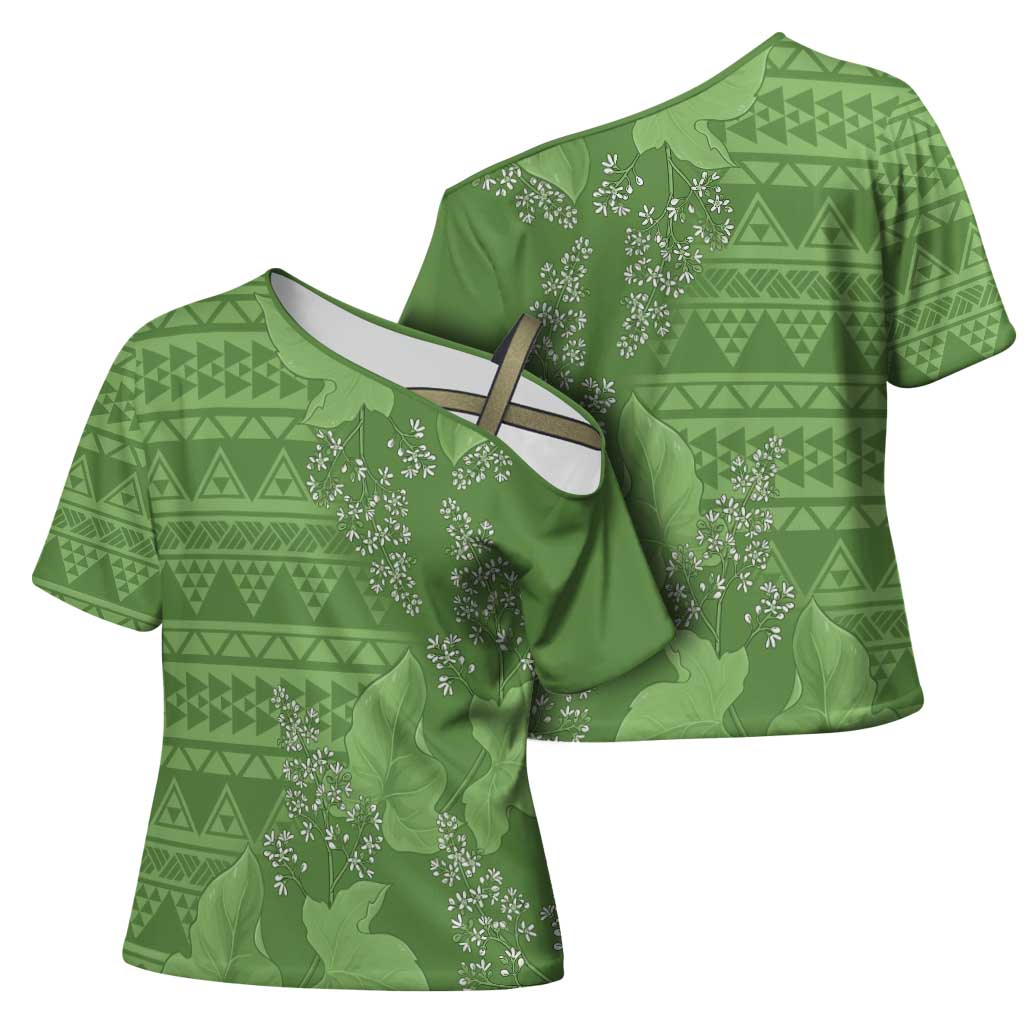 Hawaii Molokai Island Kukui Nut Flowers Cross Shoulder Shirt Tribal Kakau Pattern - Polynesian Pride