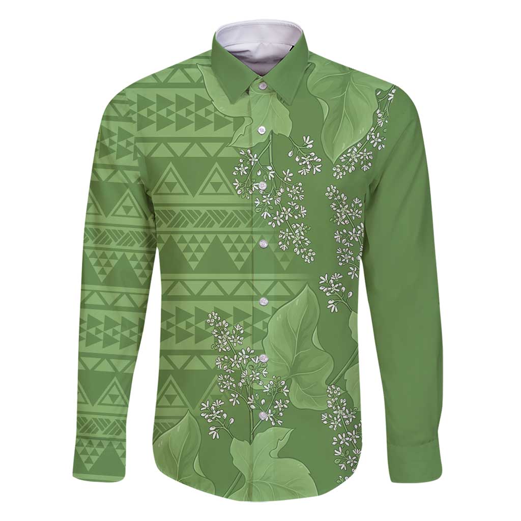 Hawaii Molokai Island Kukui Nut Flowers Family Matching Long Sleeve Bodycon Dress and Hawaiian Shirt Tribal Kakau Pattern