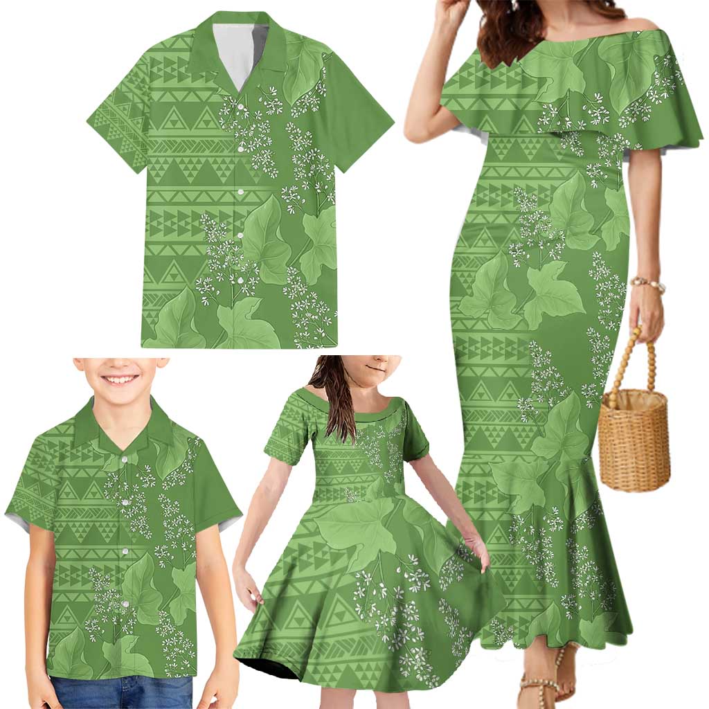 Hawaii Molokai Island Kukui Nut Flowers Family Matching Mermaid Dress and Hawaiian Shirt Tribal Kakau Pattern