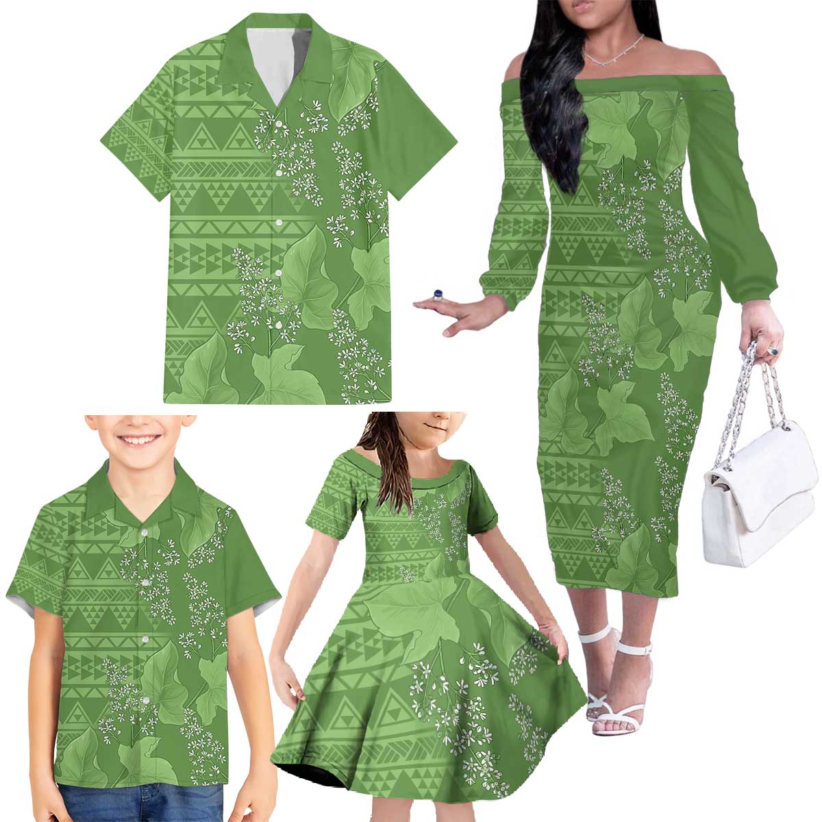Hawaii Molokai Island Kukui Nut Flowers Family Matching Off The Shoulder Long Sleeve Dress and Hawaiian Shirt Tribal Kakau Pattern