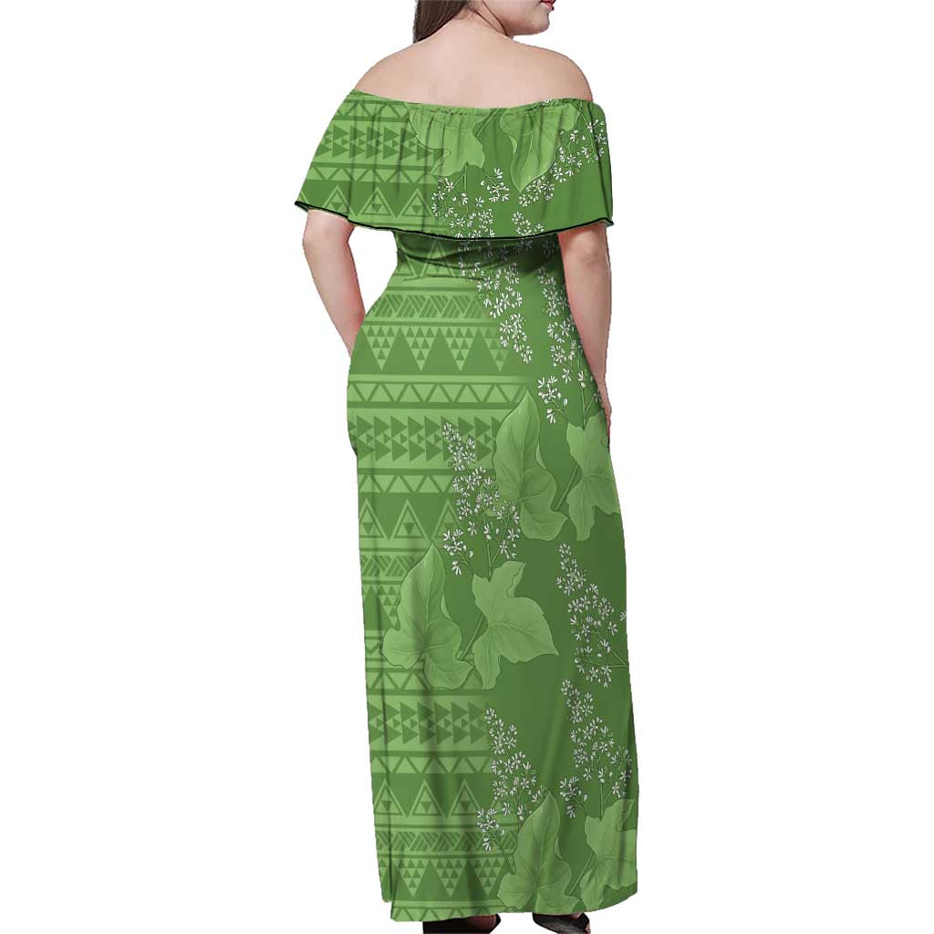 Hawaii Molokai Island Kukui Nut Flowers Family Matching Off Shoulder Maxi Dress and Hawaiian Shirt Tribal Kakau Pattern