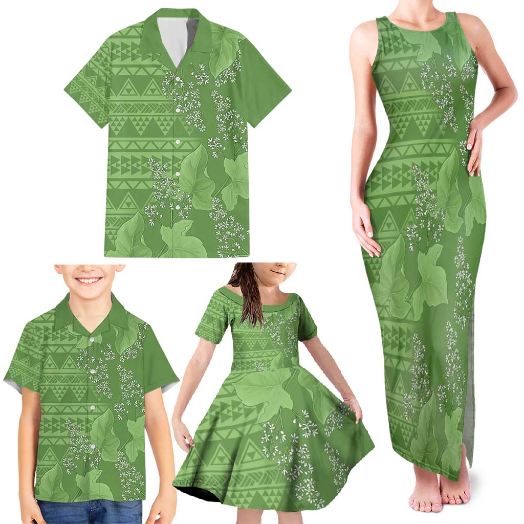 Hawaii Molokai Island Kukui Nut Flowers Family Matching Tank Maxi Dress and Hawaiian Shirt Tribal Kakau Pattern