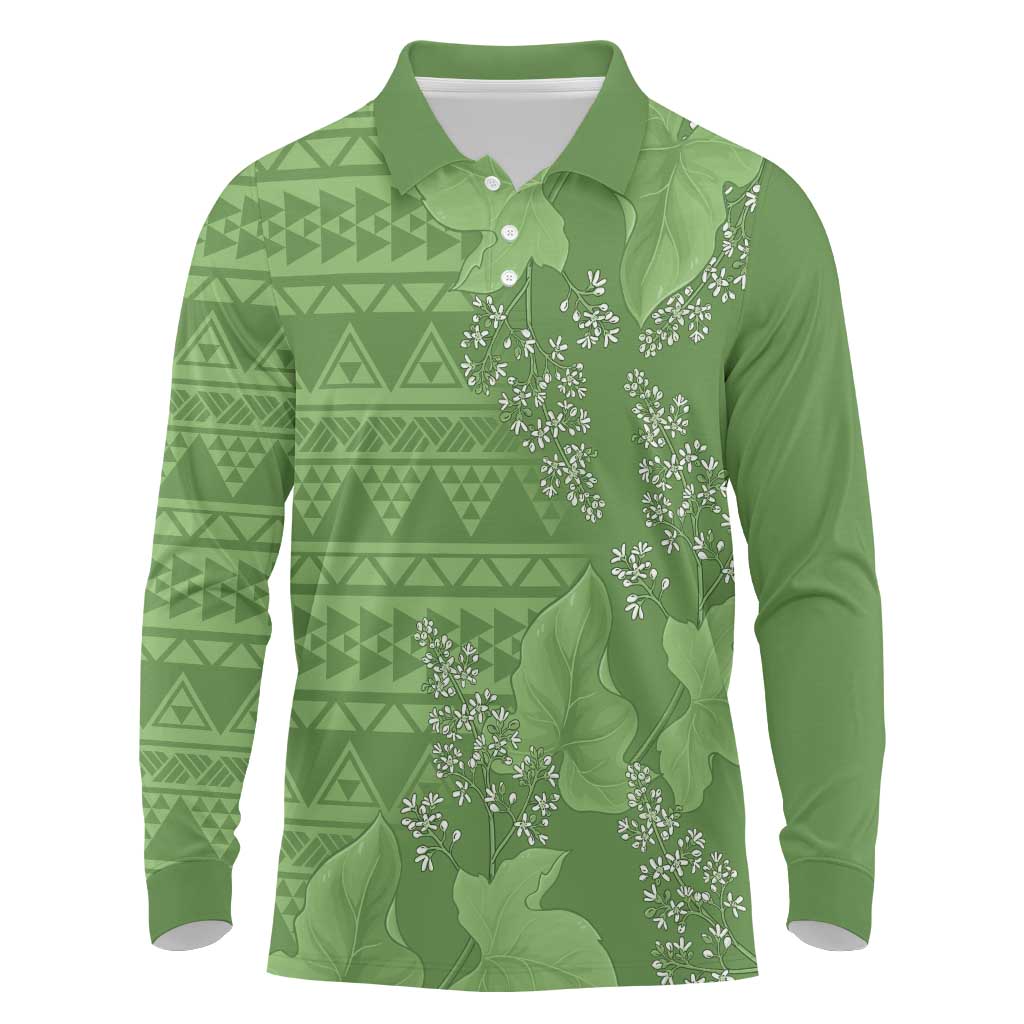 Hawaii Molokai Island Kukui Nut Flowers Long Sleeve Polo Shirt Tribal Kakau Pattern