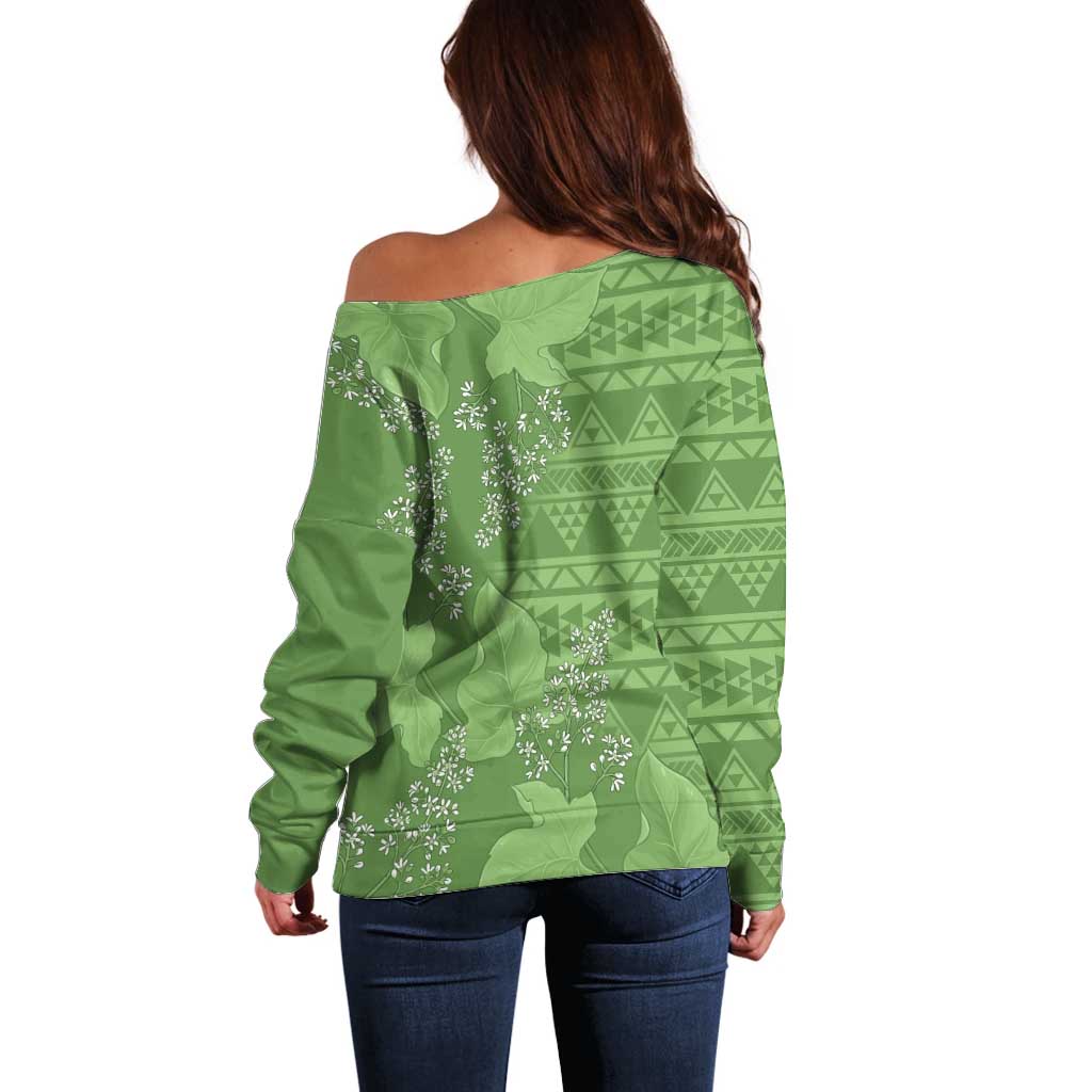 Hawaii Molokai Island Kukui Nut Flowers Off Shoulder Sweater Tribal Kakau Pattern