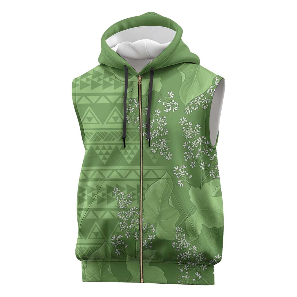 Hawaii Molokai Island Kukui Nut Flowers Sleeveless Zip Hoodie Tribal Kakau Pattern - Polynesian Pride