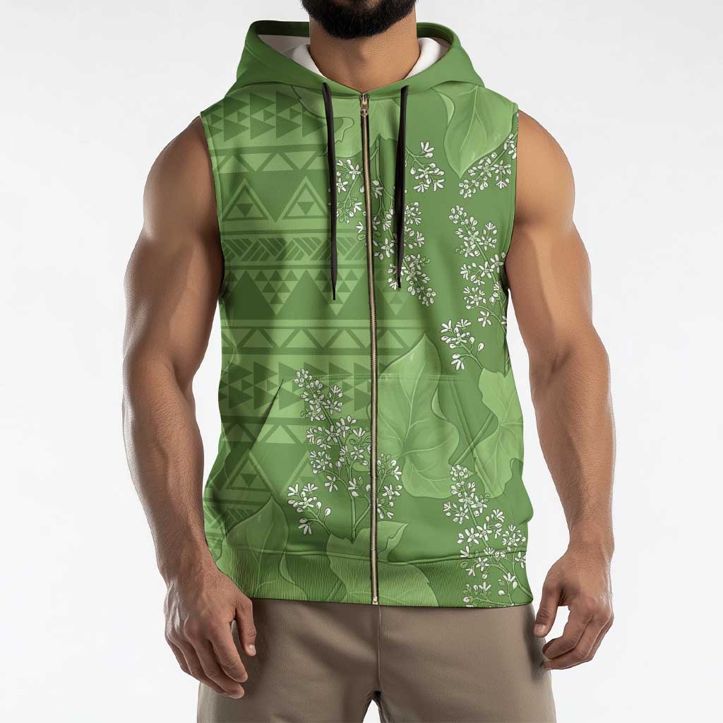 Hawaii Molokai Island Kukui Nut Flowers Sleeveless Zip Hoodie Tribal Kakau Pattern - Polynesian Pride