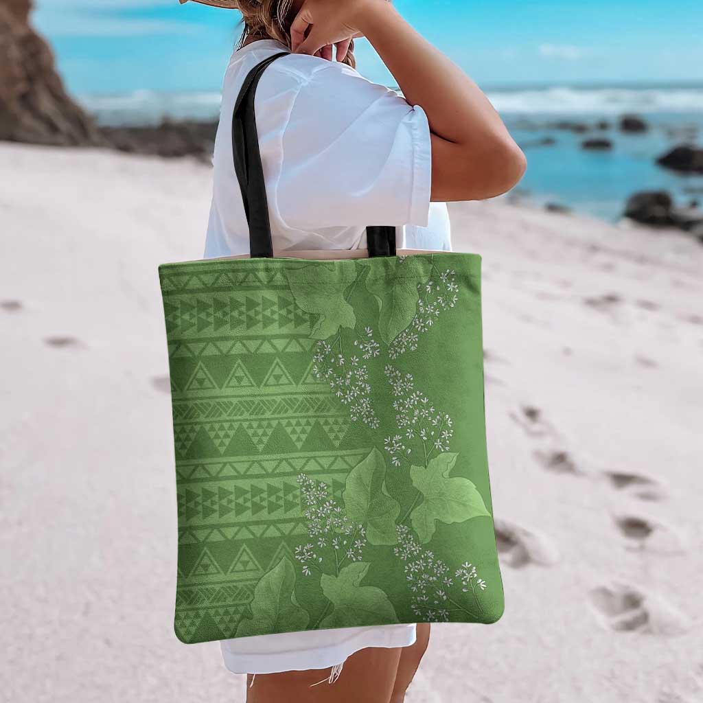 Hawaii Molokai Island Kukui Nut Flowers Tote Bag Tribal Kakau Pattern - Polynesian Pride