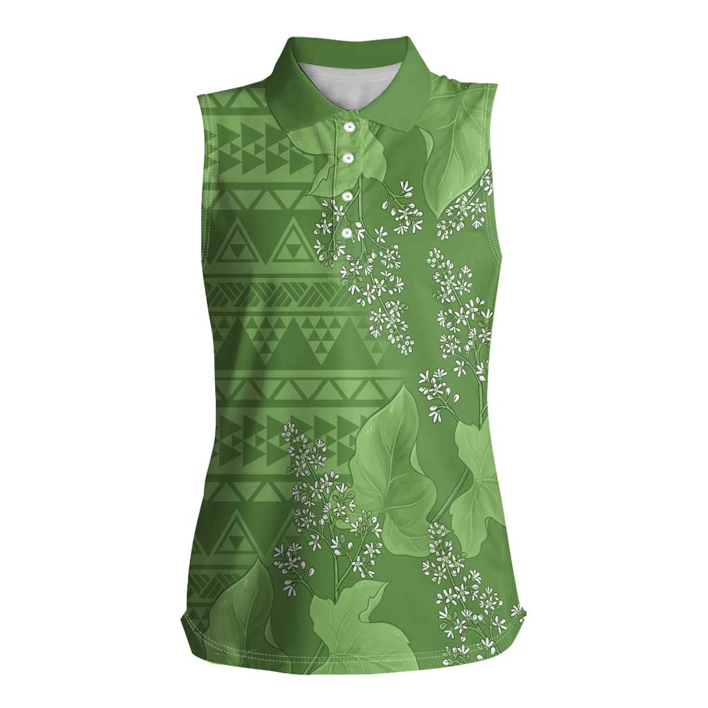 Hawaii Molokai Island Kukui Nut Flowers Women Sleeveless Polo Shirt Tribal Kakau Pattern