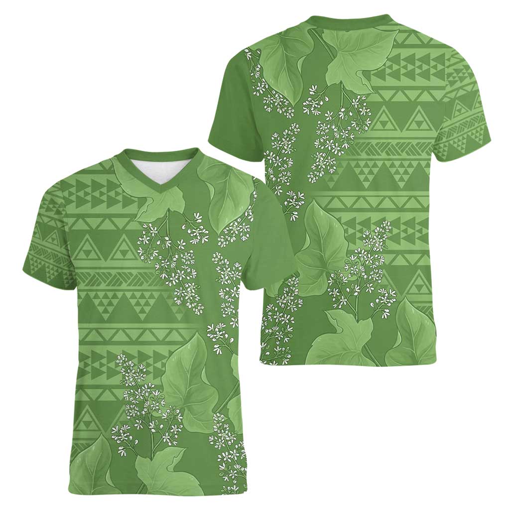 Hawaii Molokai Island Kukui Nut Flowers Women V-Neck T-Shirt Tribal Kakau Pattern