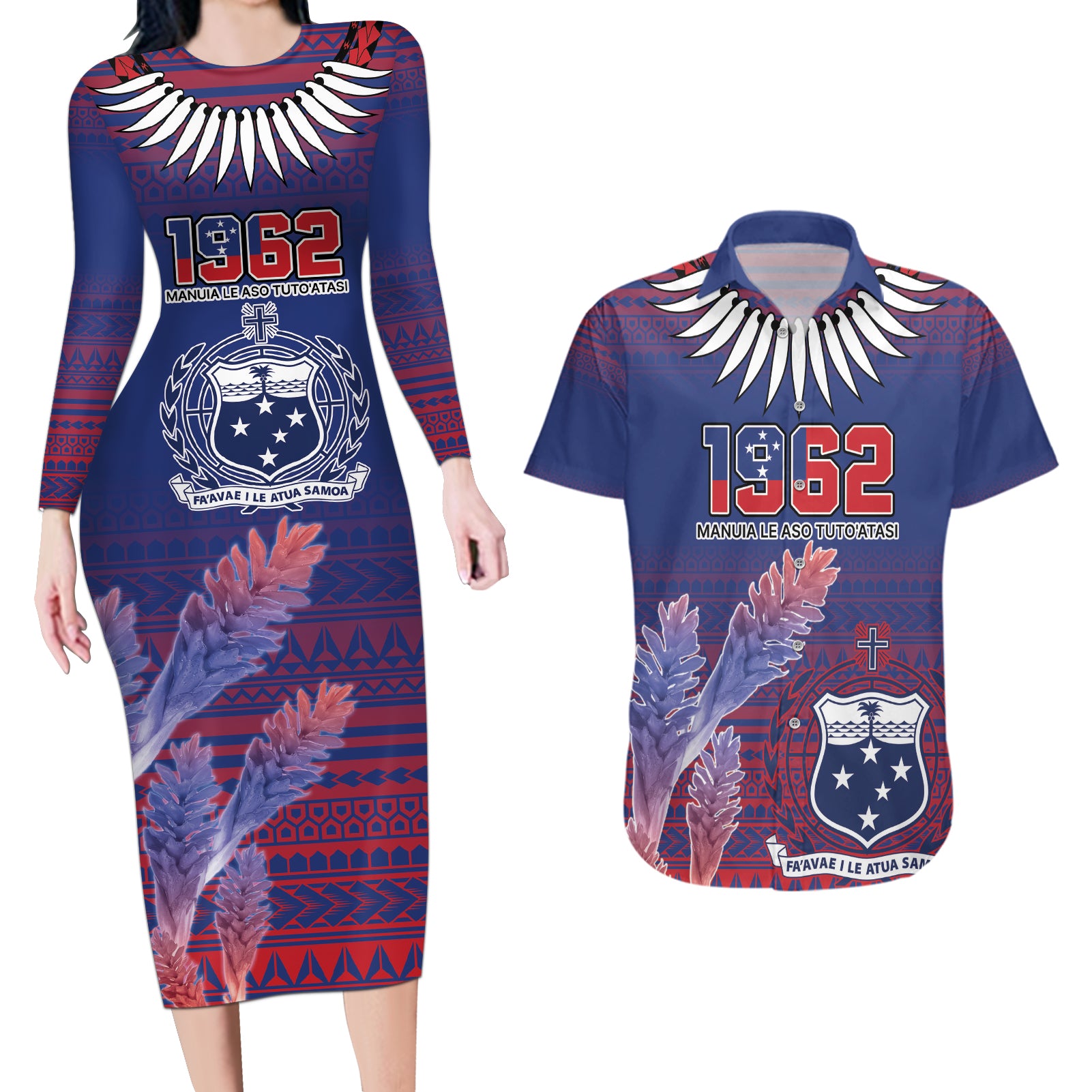 Custom Samoa 1962 Independence Day Custom Couples Matching Long Sleeve Bodycon Dress and Hawaiian Shirt Manuia le Aso Tuto'atasi Ula Nifo Blue Art