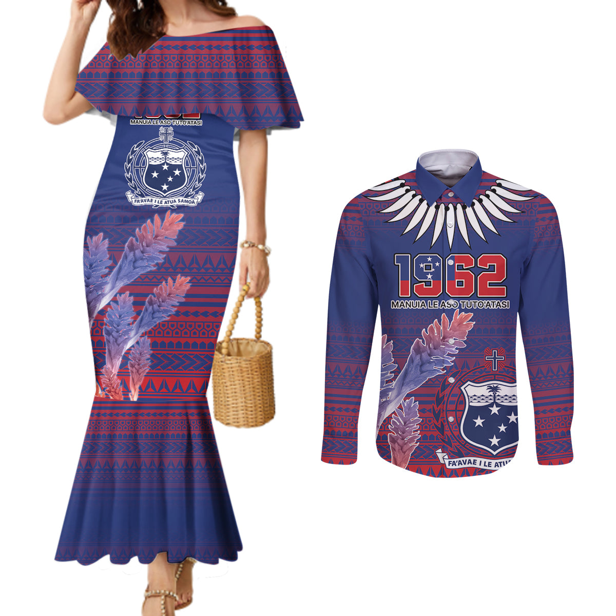 Custom Samoa 1962 Independence Day Custom Couples Matching Mermaid Dress and Long Sleeve Button Shirt Manuia le Aso Tuto'atasi Ula Nifo Blue Art