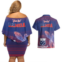 Custom Samoa 1962 Independence Day Custom Couples Matching Off Shoulder Short Dress and Hawaiian Shirt Manuia le Aso Tuto'atasi Ula Nifo Blue Art