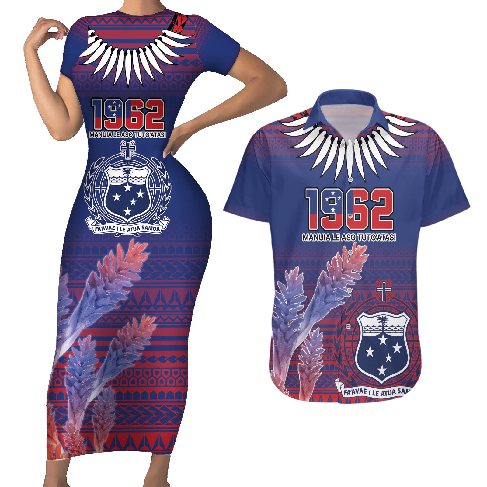 Custom Samoa 1962 Independence Day Custom Couples Matching Short Sleeve Bodycon Dress and Hawaiian Shirt Manuia le Aso Tuto'atasi Ula Nifo Blue Art