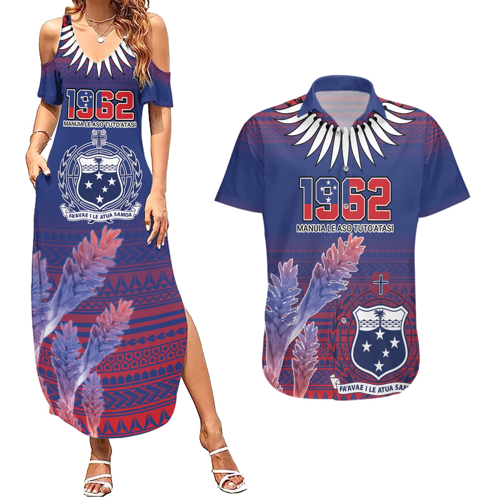 Custom Samoa 1962 Independence Day Custom Couples Matching Summer Maxi Dress and Hawaiian Shirt Manuia le Aso Tuto'atasi Ula Nifo Blue Art