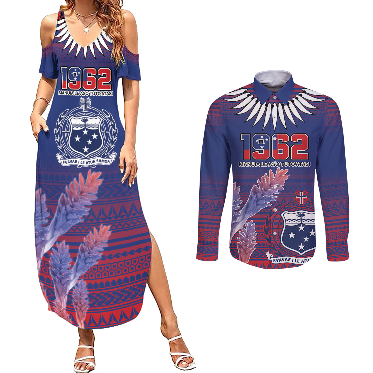 Custom Samoa 1962 Independence Day Custom Couples Matching Summer Maxi Dress and Long Sleeve Button Shirt Manuia le Aso Tuto'atasi Ula Nifo Blue Art