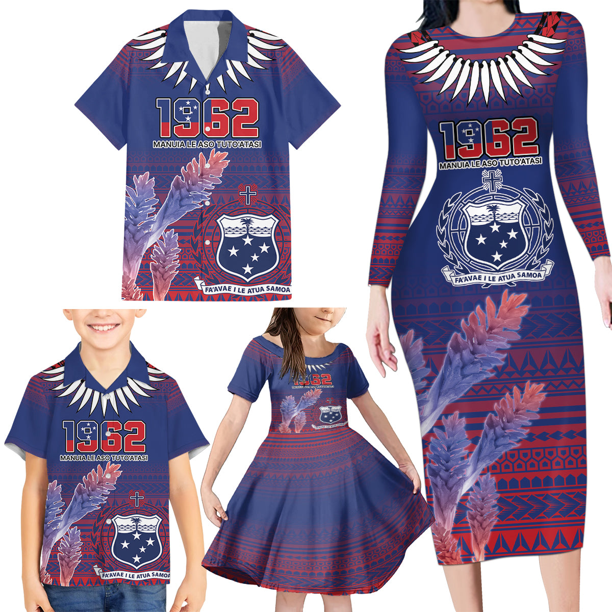 Custom Samoa 1962 Independence Day Custom Family Matching Long Sleeve Bodycon Dress and Hawaiian Shirt Manuia le Aso Tuto'atasi Ula Nifo Blue Art