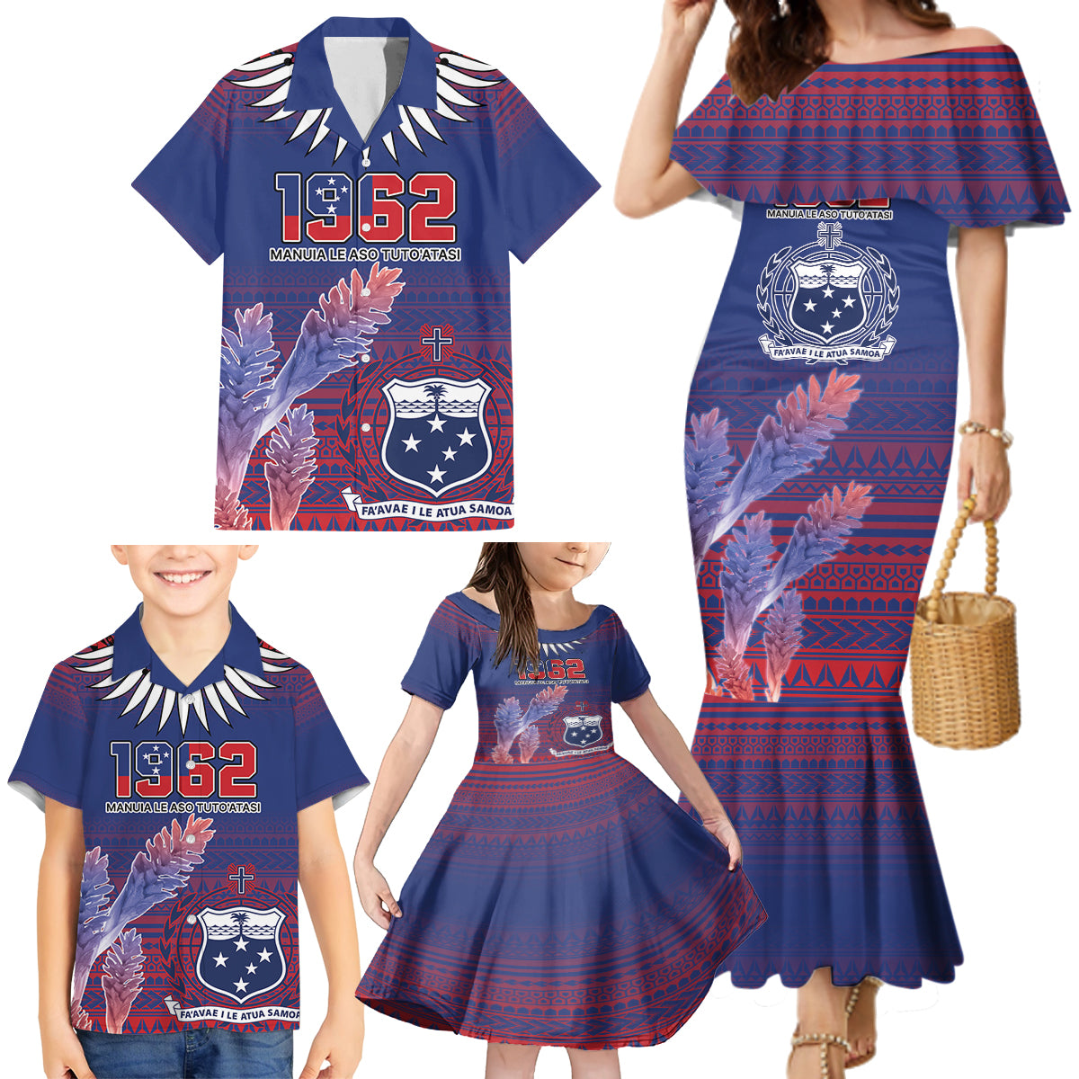 Custom Samoa 1962 Independence Day Custom Family Matching Mermaid Dress and Hawaiian Shirt Manuia le Aso Tuto'atasi Ula Nifo Blue Art