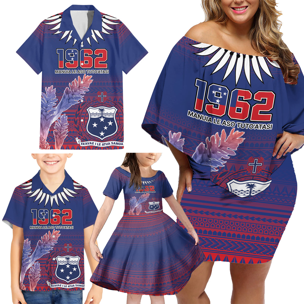 Custom Samoa 1962 Independence Day Custom Family Matching Off Shoulder Short Dress and Hawaiian Shirt Manuia le Aso Tuto'atasi Ula Nifo Blue Art