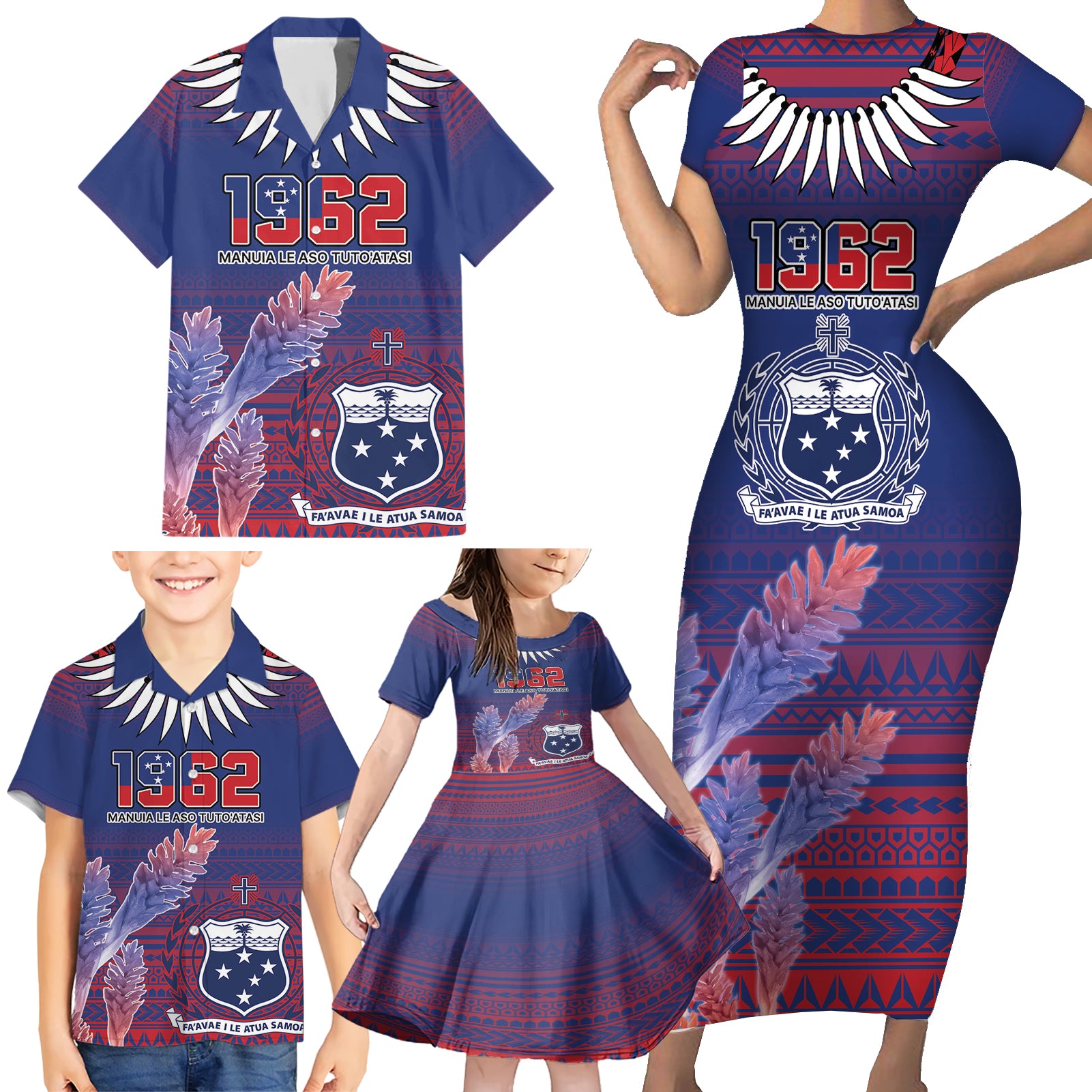 Custom Samoa 1962 Independence Day Custom Family Matching Short Sleeve Bodycon Dress and Hawaiian Shirt Manuia le Aso Tuto'atasi Ula Nifo Blue Art