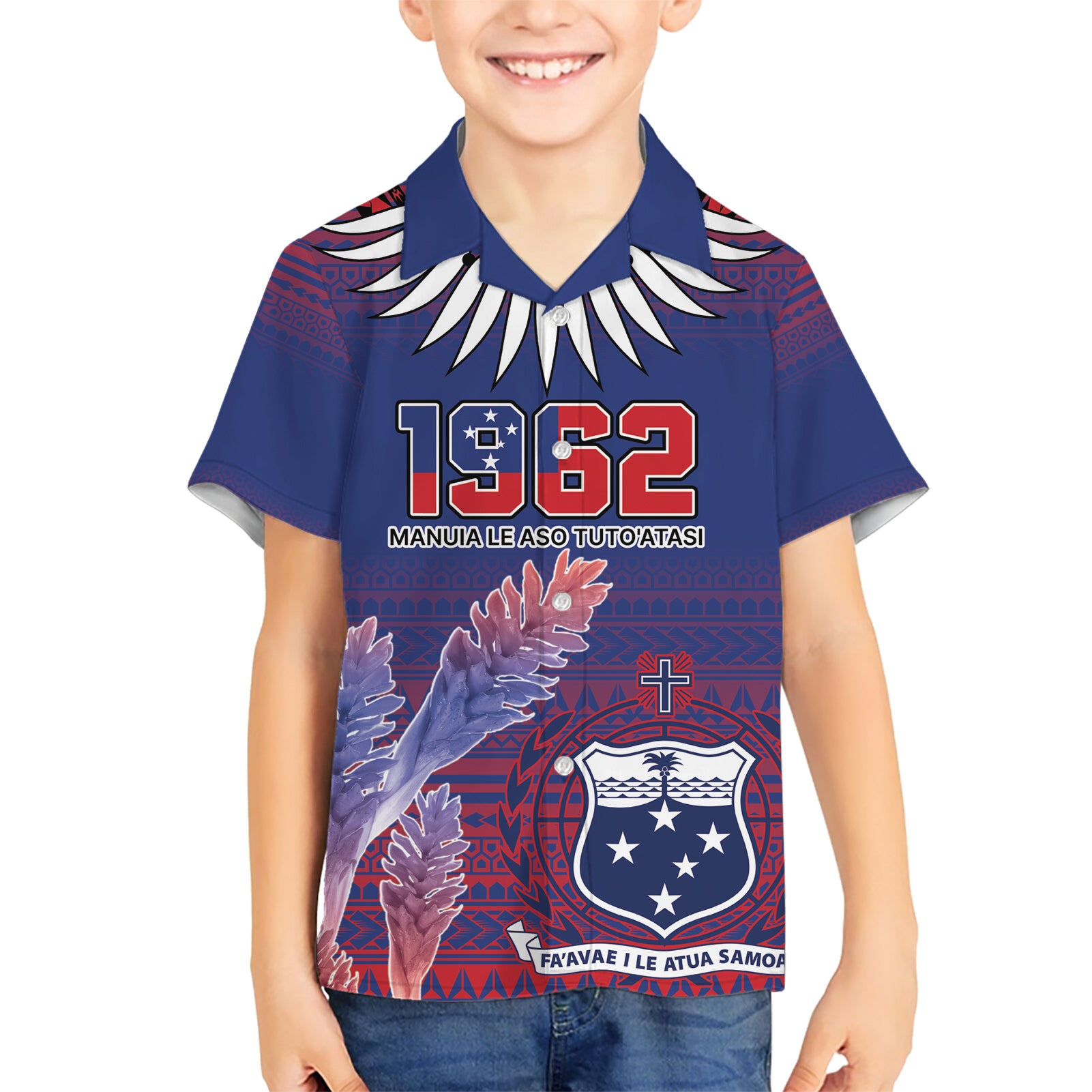 Custom Samoa 1962 Independence Day Custom Kid Hawaiian Shirt Manuia le Aso Tuto'atasi Ula Nifo Blue Art