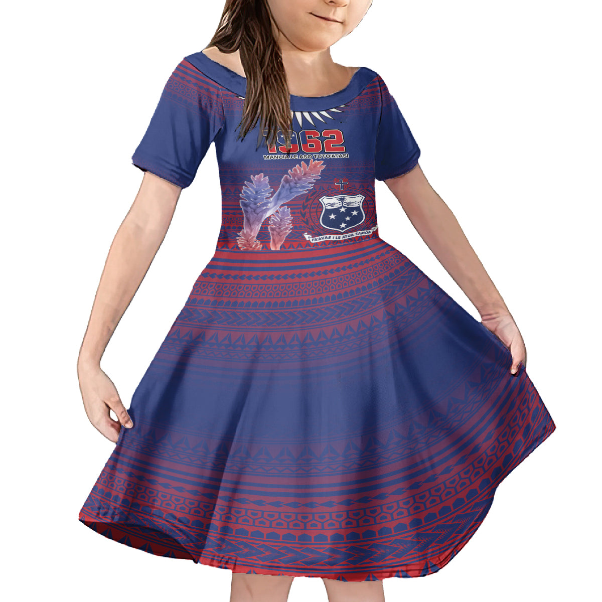 Custom Samoa 1962 Independence Day Custom Kid Short Sleeve Dress Manuia le Aso Tuto'atasi Ula Nifo Blue Art