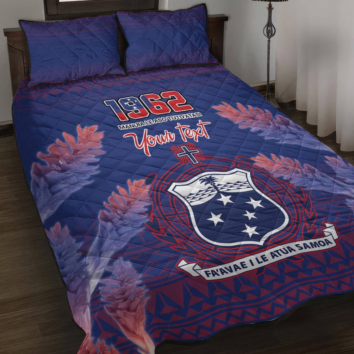 Custom Samoa 1962 Independence Day Custom Quilt Bed Set Manuia le Aso Tuto'atasi Ula Nifo Blue Art