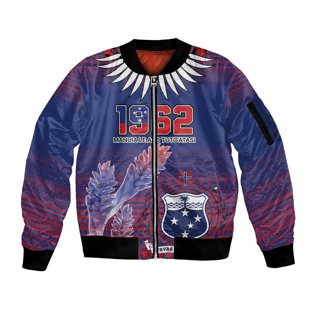 Custom Samoa 1962 Independence Day Custom Sleeve Zip Bomber Jacket Manuia le Aso Tuto'atasi Ula Nifo Blue Art LT9 Unisex Blue - Polynesian Pride