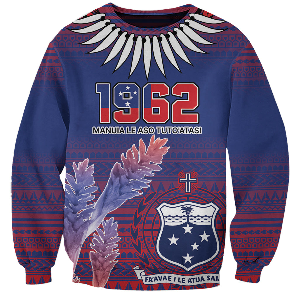 Custom Samoa 1962 Independence Day Custom Sweatshirt Manuia le Aso Tuto'atasi Ula Nifo Blue Art