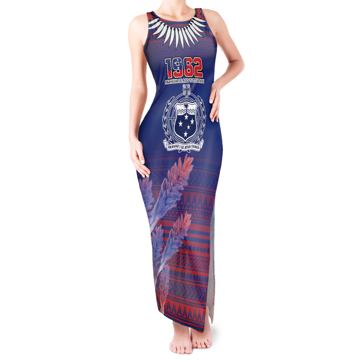 Custom Samoa 1962 Independence Day Custom Tank Maxi Dress Manuia le Aso Tuto'atasi Ula Nifo Blue Art