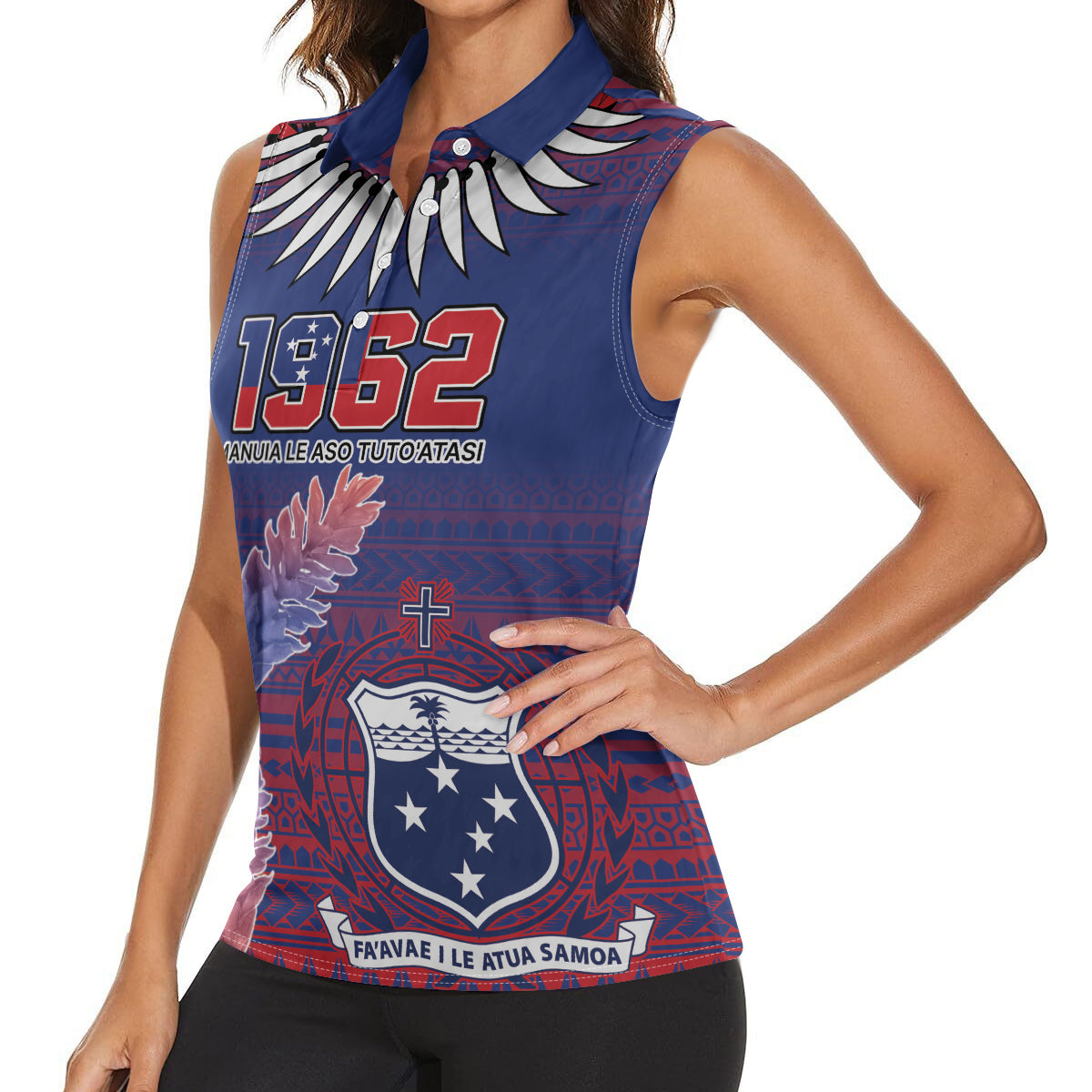 Custom Samoa 1962 Independence Day Custom Women Sleeveless Polo Shirt Manuia le Aso Tuto'atasi Ula Nifo Blue Art