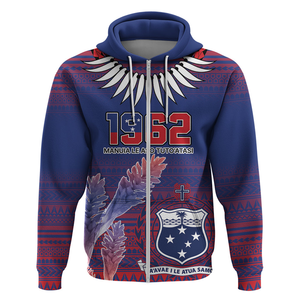 Custom Samoa 1962 Independence Day Custom Zip Hoodie Manuia le Aso Tuto'atasi Ula Nifo Blue Art