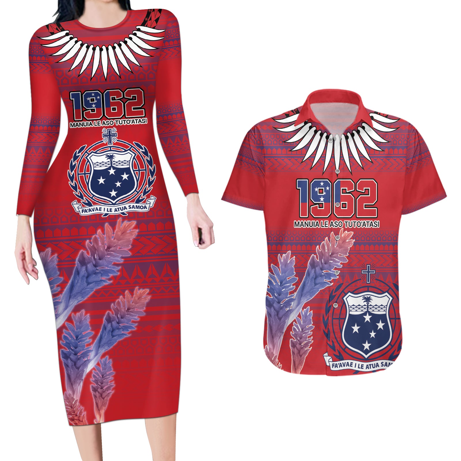 Custom Samoa 1962 Independence Day Custom Couples Matching Long Sleeve Bodycon Dress and Hawaiian Shirt Manuia le Aso Tuto'atasi Ula Nifo Red Art