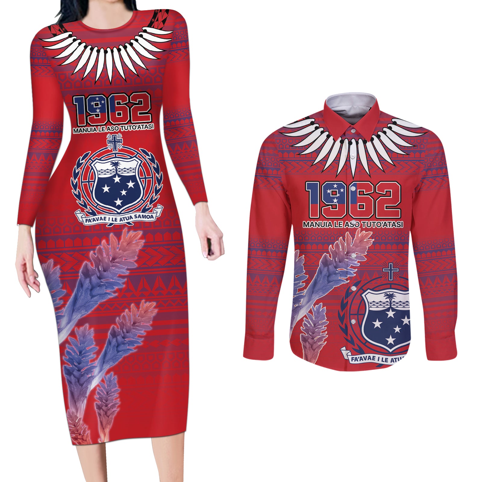 Custom Samoa 1962 Independence Day Custom Couples Matching Long Sleeve Bodycon Dress and Long Sleeve Button Shirt Manuia le Aso Tuto'atasi Ula Nifo Red Art LT9 Red - Polynesian Pride