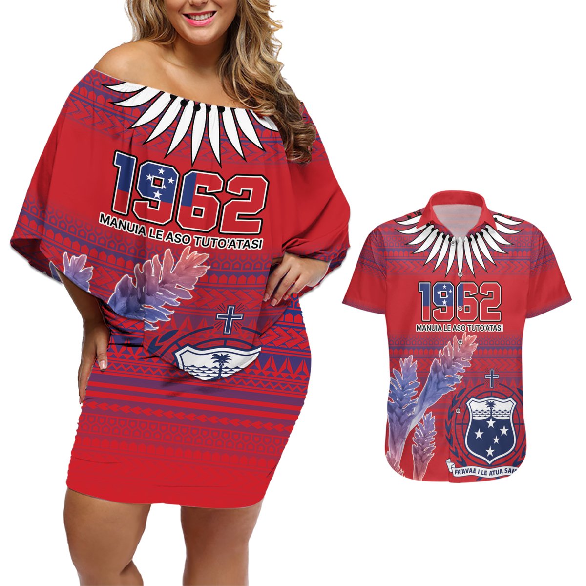 Custom Samoa 1962 Independence Day Custom Couples Matching Off Shoulder Short Dress and Hawaiian Shirt Manuia le Aso Tuto'atasi Ula Nifo Red Art LT9 Red - Polynesian Pride
