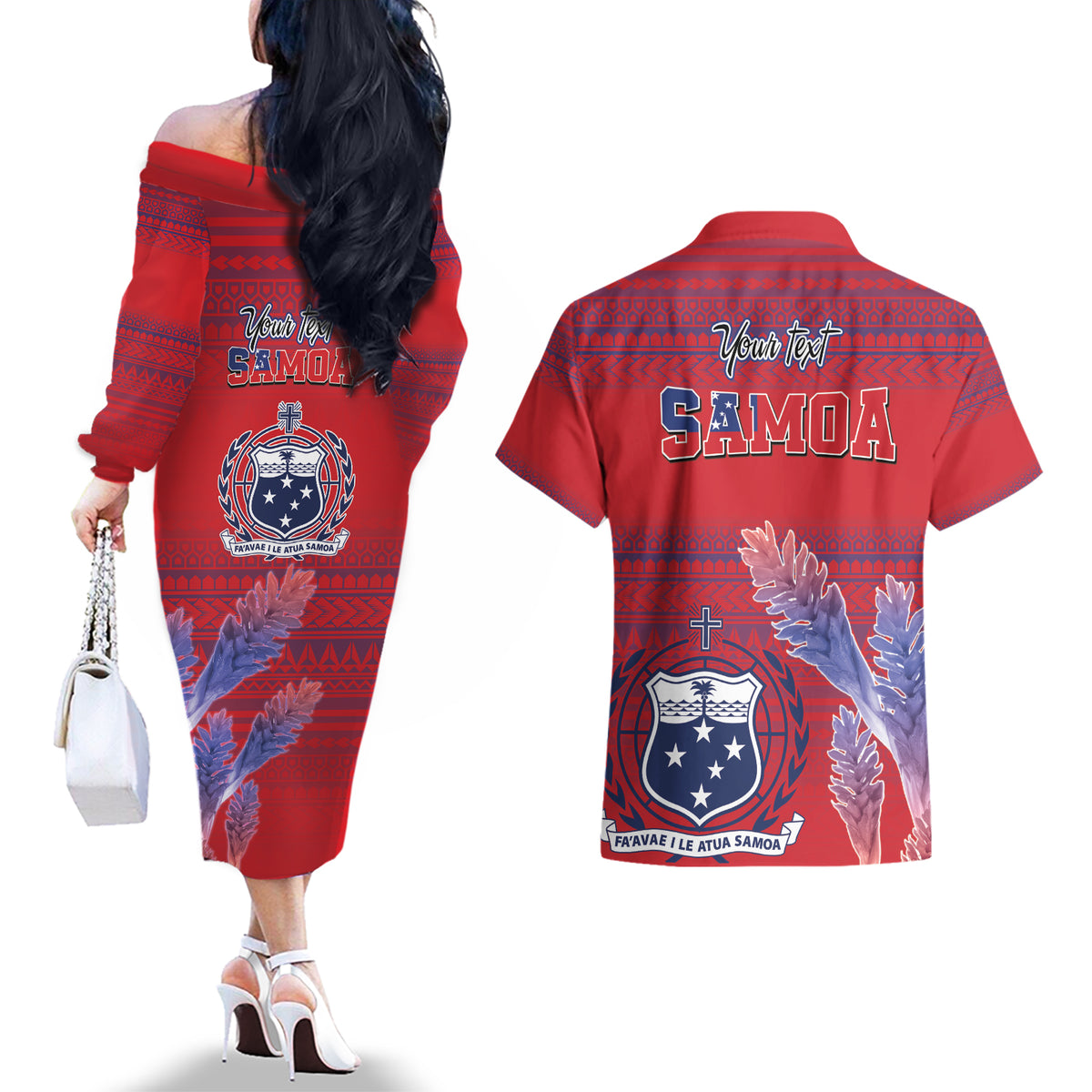 Custom Samoa 1962 Independence Day Custom Couples Matching Off The Shoulder Long Sleeve Dress and Hawaiian Shirt Manuia le Aso Tuto'atasi Ula Nifo Red Art