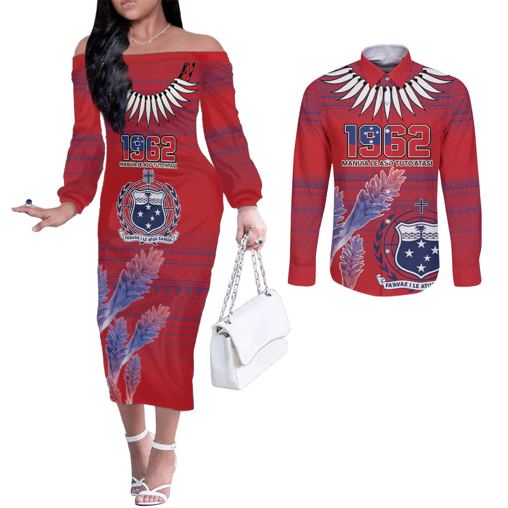 Custom Samoa 1962 Independence Day Custom Couples Matching Off The Shoulder Long Sleeve Dress and Long Sleeve Button Shirt Manuia le Aso Tuto'atasi Ula Nifo Red Art