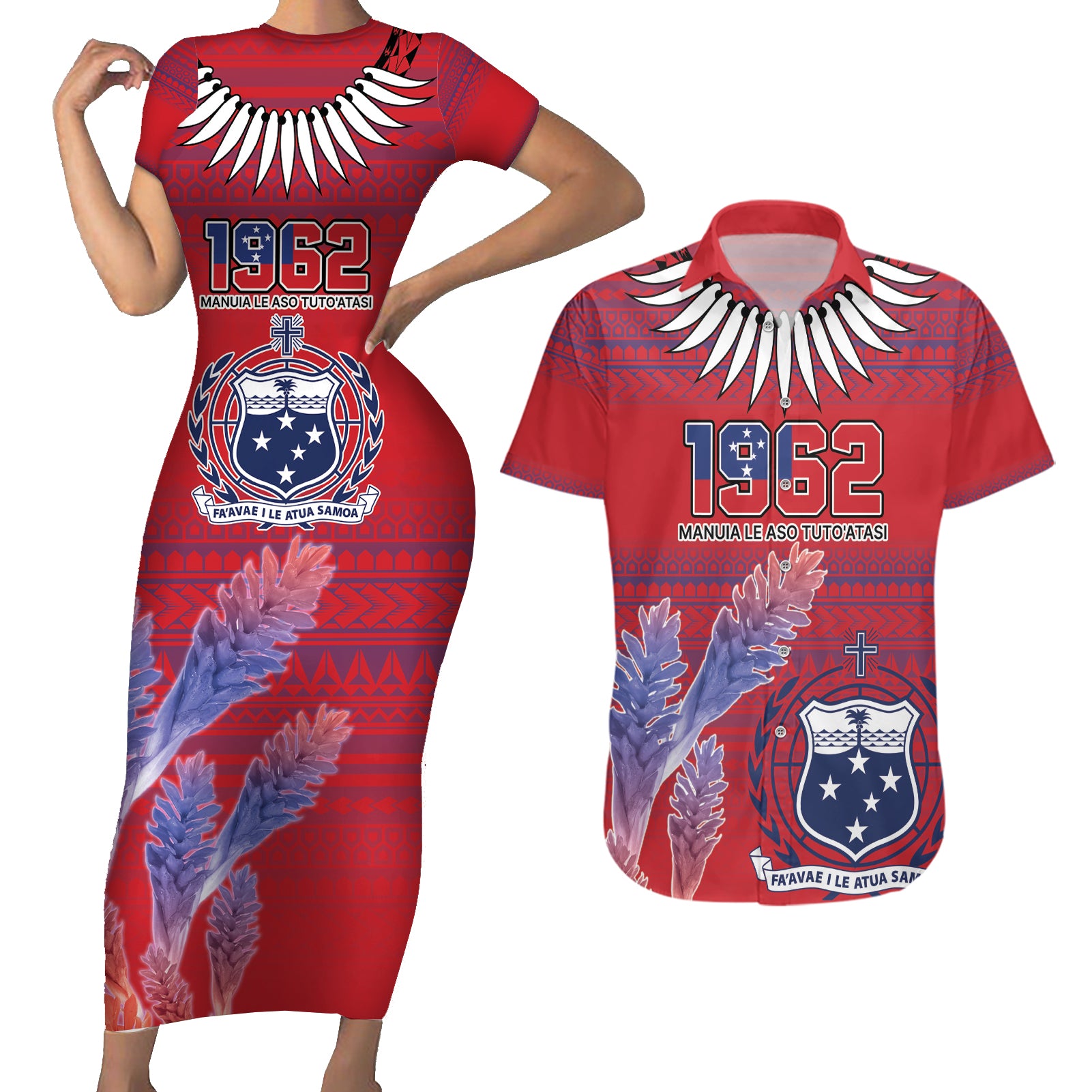 Custom Samoa 1962 Independence Day Custom Couples Matching Short Sleeve Bodycon Dress and Hawaiian Shirt Manuia le Aso Tuto'atasi Ula Nifo Red Art