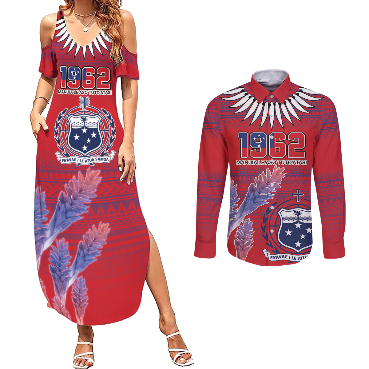 Custom Samoa 1962 Independence Day Custom Couples Matching Summer Maxi Dress and Long Sleeve Button Shirt Manuia le Aso Tuto'atasi Ula Nifo Red Art