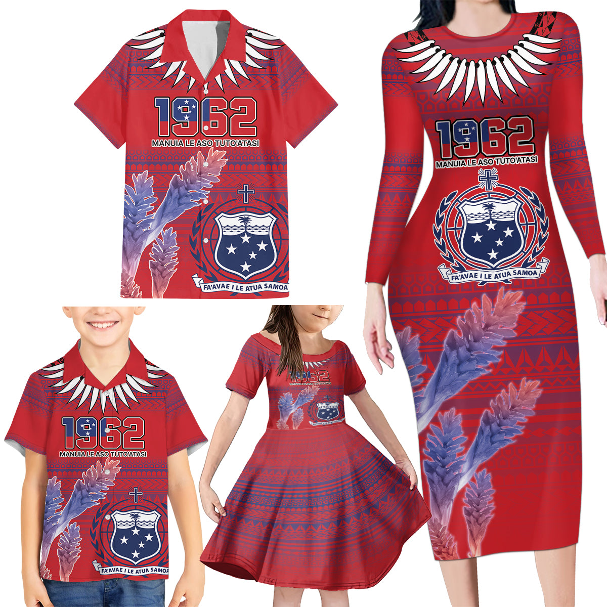 Custom Samoa 1962 Independence Day Custom Family Matching Long Sleeve Bodycon Dress and Hawaiian Shirt Manuia le Aso Tuto'atasi Ula Nifo Red Art