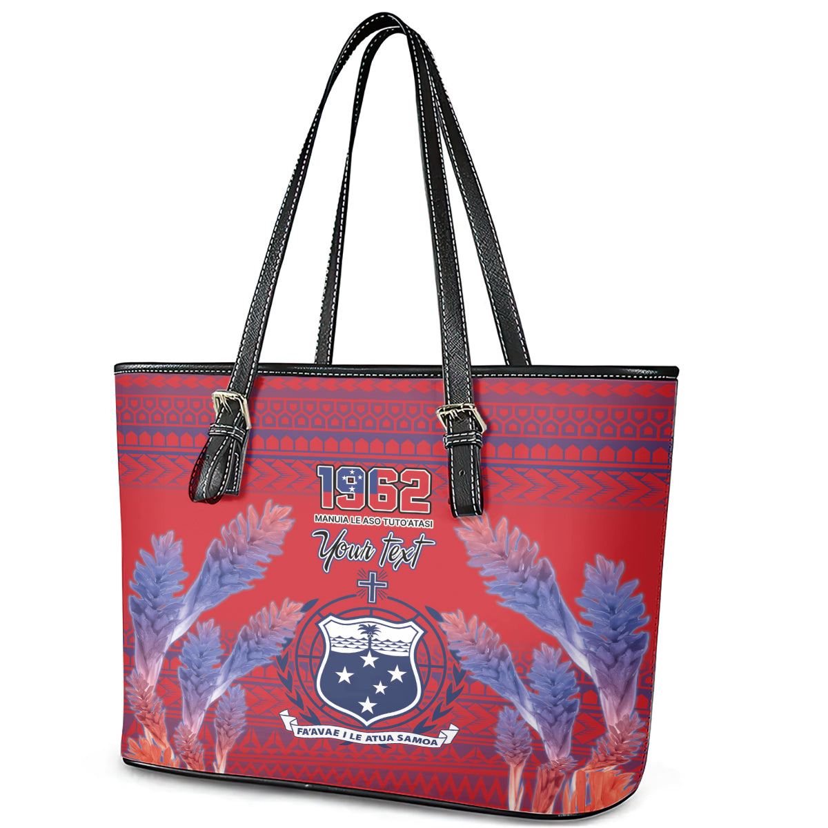Custom Samoa 1962 Independence Day Custom Leather Tote Bag Manuia le Aso Tuto'atasi Ula Nifo Red Art