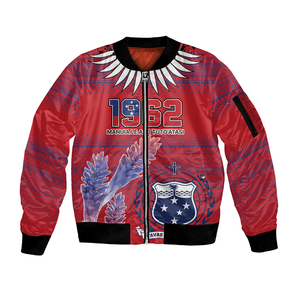 Custom Samoa 1962 Independence Day Custom Sleeve Zip Bomber Jacket Manuia le Aso Tuto'atasi Ula Nifo Red Art LT9 Unisex Red - Polynesian Pride