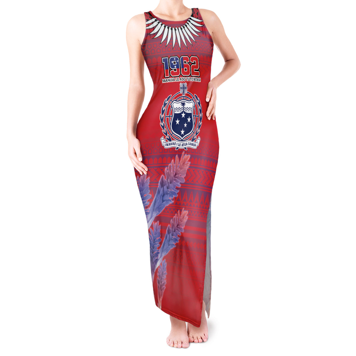 Custom Samoa 1962 Independence Day Custom Tank Maxi Dress Manuia le Aso Tuto'atasi Ula Nifo Red Art