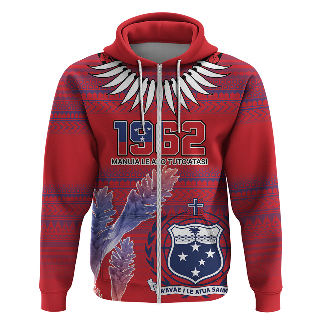 Custom Samoa 1962 Independence Day Custom Zip Hoodie Manuia le Aso Tuto'atasi Ula Nifo Red Art