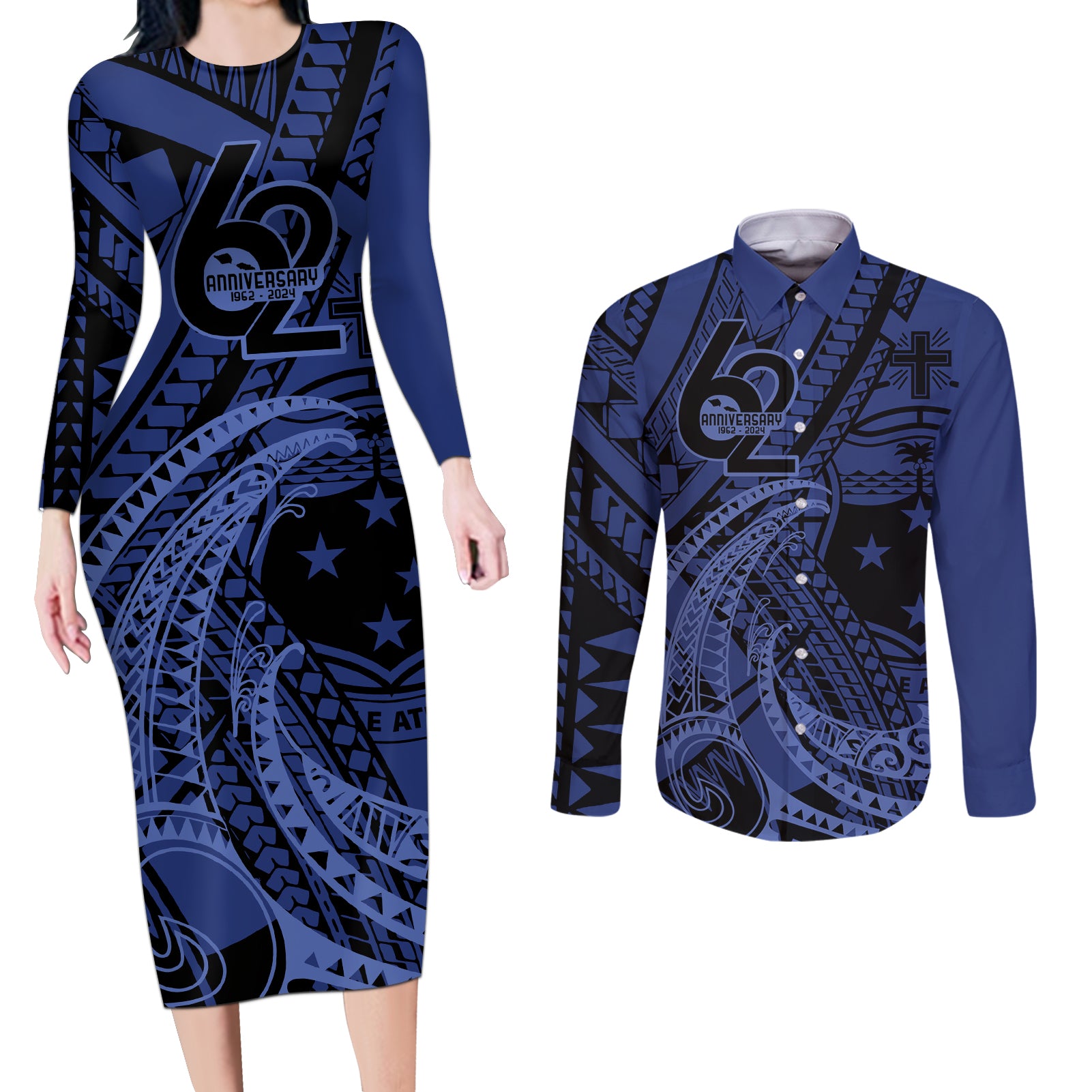 Custom Samoa 62nd Manuia le Aso Tuto'atasi Couples Matching Long Sleeve Bodycon Dress and Long Sleeve Button Shirt Samoan Tatau Blue Art