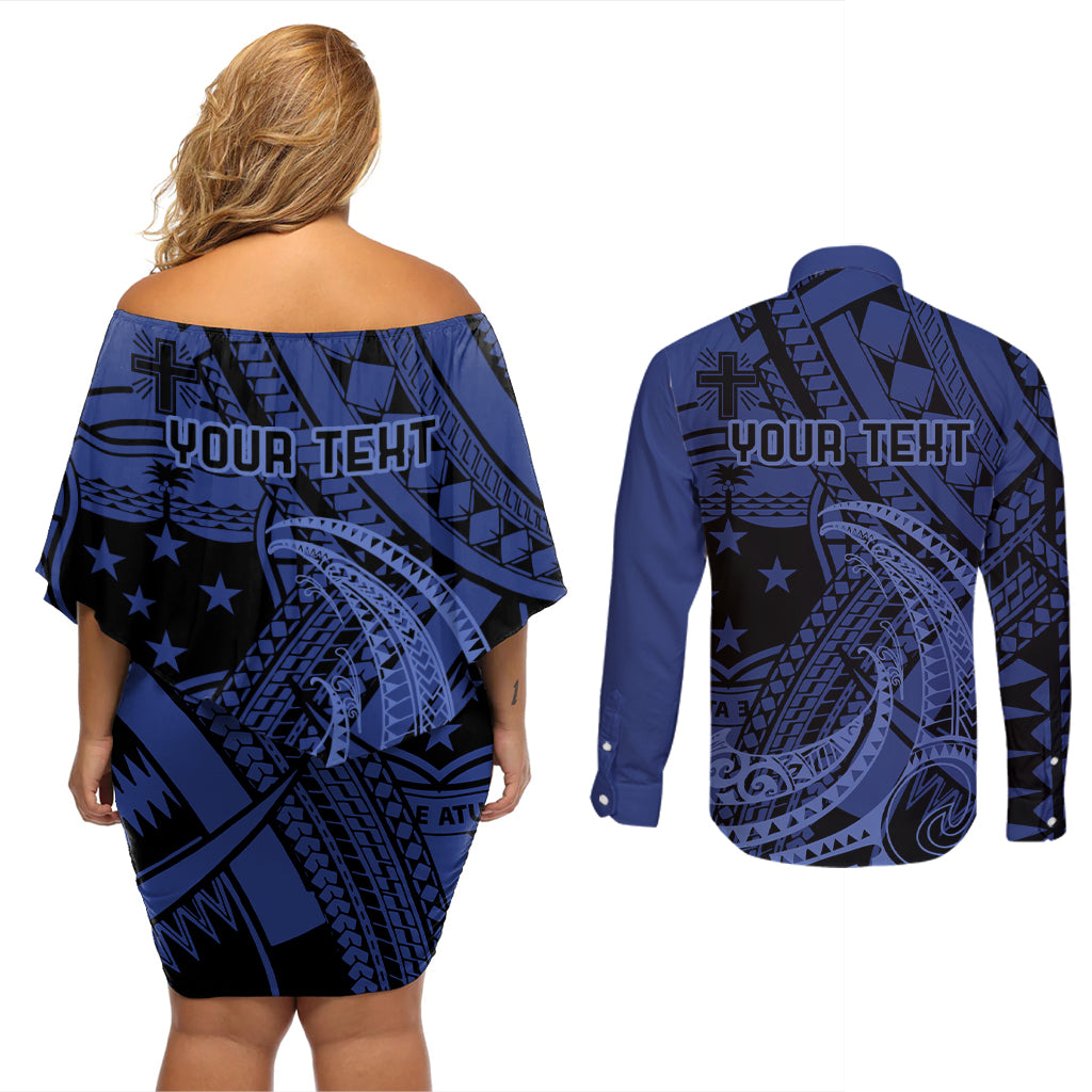 Custom Samoa 62nd Manuia le Aso Tuto'atasi Couples Matching Off Shoulder Short Dress and Long Sleeve Button Shirt Samoan Tatau Blue Art